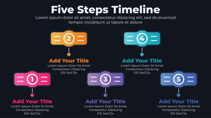 Flat banners for infographic presentation slide with 5 options or steps in dark theme