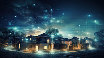 Digital community, smart homes and digital community. DX, Iot, digital network in society concept. suburban houses at night with data transactions. Hand edited, Generative Ai
