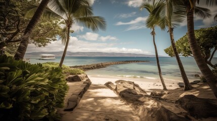 realistic photo of a beach with villa and palms