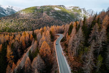 Aerial Autumn Photo Auronzo road to Tre Cime, Cortina d Ampezzo Dolomites Italy