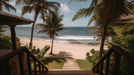 Fototapeta na wymiar realistic photo of a beach with villa and palms