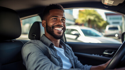 Man sits behind the wheel of a car and smiles