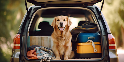 dog sitting in car, Domestic dog in car trunk, Dog sitting in car with luggage for travel Generative AI