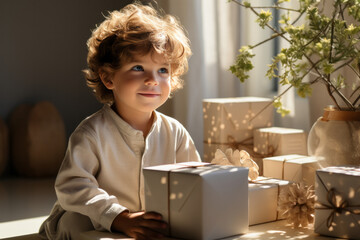 Charming boy with gift box