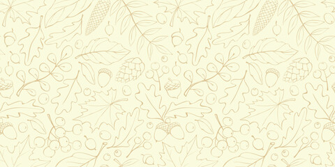 Seamless pattern falling leaves, acorns, berries, cones. Vector light autumn texture isolated on yellow, brown outline. Concept of forest, leaf fall, nature, thanksgiving