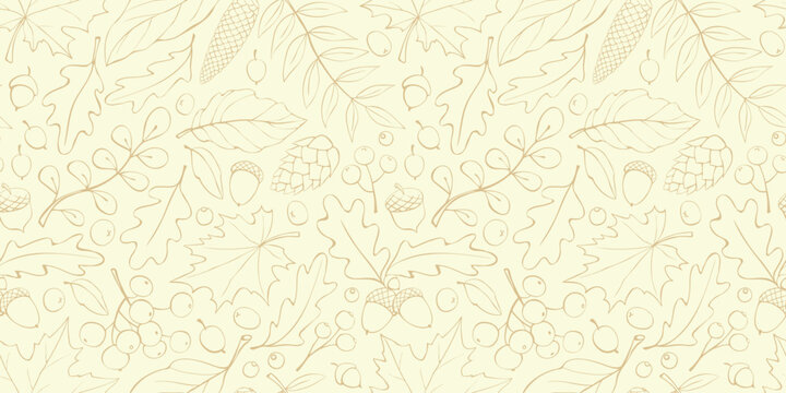 Seamless pattern falling leaves, acorns, berries, cones. Vector light autumn texture isolated on yellow, brown outline. Concept of forest, leaf fall, nature, thanksgiving