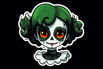 Cartoon skeleton with green hair and red eyes, wearing green wig.