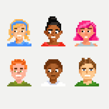 Game pixel avatar. Portrait of a hero of mobile games. collection of 8-bit character skins. Pixel design of the player account icon. Isolated male or female heads. Vector is cute. People's faces