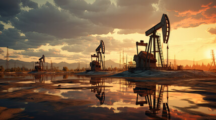 oil rigs at sunset. ECO environmental disaster.