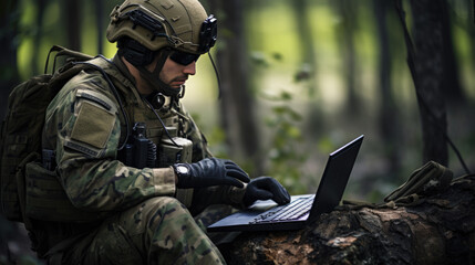 Soldier Using Laptop Computer During Military Operation in the Forest.
