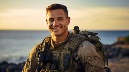 Portrait of american male soldier looking at camera.