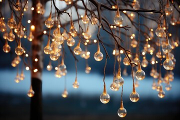 An imaginative and abstract background image for creative content showcasing glowing light bulbs sprouting from tree branches. Photorealistic illustration, Generative AI