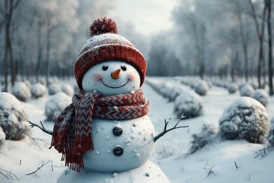 A background image for creative content, showcasing a friendly snowman with a snow-covered forest in the background, setting a heartwarming scene. Photorealistic illustration, Generative AI