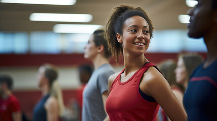 Fototapeta na wymiar Portrait of a young athletic woman in a gym