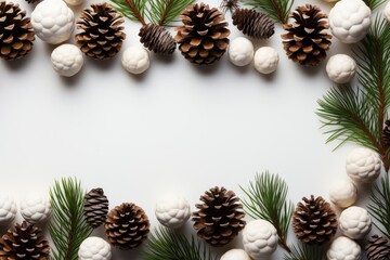 Fototapeta na wymiar A background image for content creation featuring lush fir branches and rustic pinecones arranged on a pristine white background. Photorealistic illustration, Generative AI