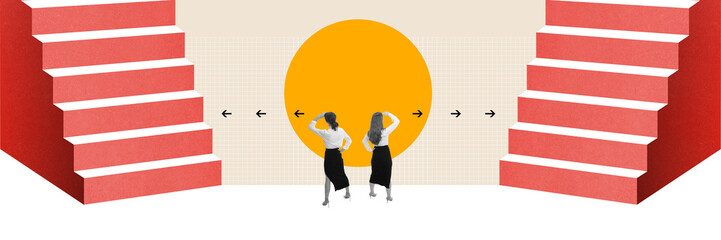 Contemporary art collage. Women, office workers looking in different direction, choosing way for professional growth. Concept of business, office, innovations, challenges, intuition, choice