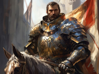 Knight in armor on horseback. Digital art.