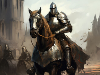 Knight in armor on horseback. Digital art.