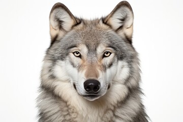 Wild wolf portrait on white landscape. Strong arctic predator, young and untamed.