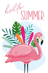 pink flamingo with tropic plants in flat style vector illustration
