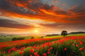 poppy field in sunset