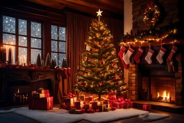 christmas tree in front of fireplace - obrazy, fototapety, plakaty