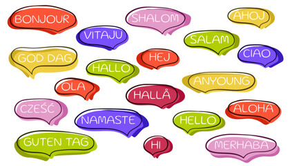 World hello day November 21 in line art style. Speech bubbles. Different languages of world hello collection. Icons for social media, stickers or label. Vector illustration isolated on a white