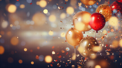 Fototapeta na wymiar New Year celebration Festive background with falling confetti, balloons and bokeh lights.