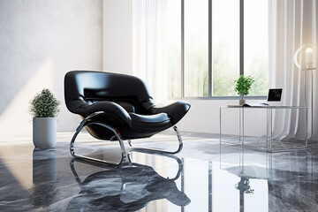 Interior of modern room with white walls, marble floor, comfortable black armchair and table