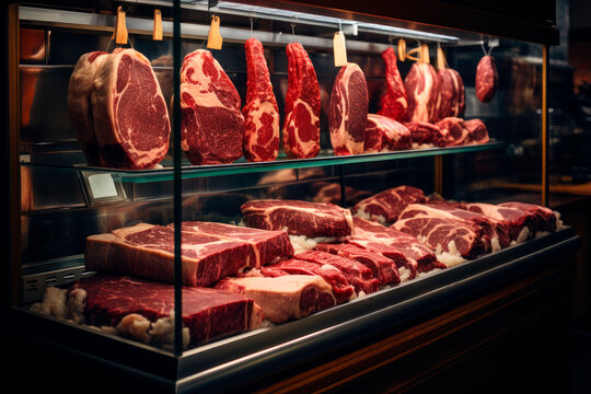 Showcase with raw meat in a butcher shop