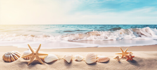 Fototapeta na wymiar Sea sand beach with seashells, and starfish at the seaside Tropical summer vacation beach Travel holiday background, Summer vacation, and relaxation concept