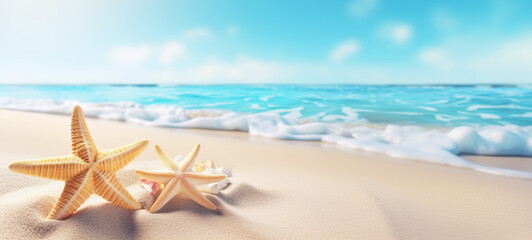 Fototapeta na wymiar Sea sand beach with seashells, and starfish at the seaside Tropical summer vacation beach Travel holiday background, Summer vacation, and relaxation concept