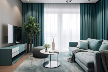 Modern gray and teal color tone cozy living room, rectangular shape room, white and teal curtains