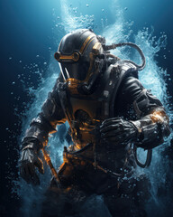 Fototapeta na wymiar Underwater welding, a welder in a wetsuit welds metal in water