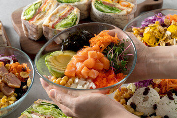 Korean food dish Salmon, salad, Mediterranean, ricotta cheese, cajun chicken, chicken