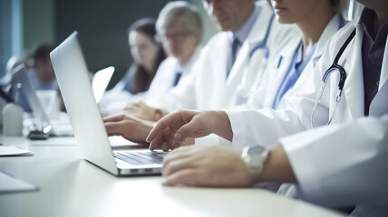 Medical team meeting in conference room. Medical team having a meeting with doctors in white lab coats and surgical scrubs seated at a table discussing and using computers in medical industry. 

 - Powered by Adobe