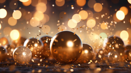 Fototapeta na wymiar New Year celebration Festive background with falling confetti, balloons and bokeh lights.