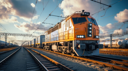 Freight rail transport, locomotive with cargo containers