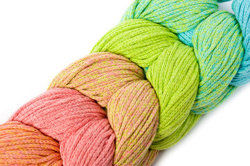 Colored natural wool yarn for knitting or crocheting. Hobbies for people of all ages.