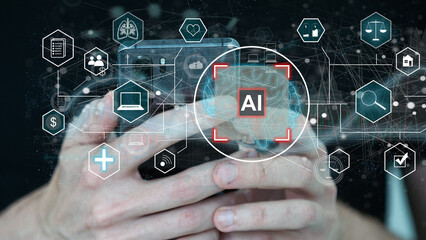 Artist Man using hand AI, Artificial Intelligence to generate content. Text to image, speech, smart...