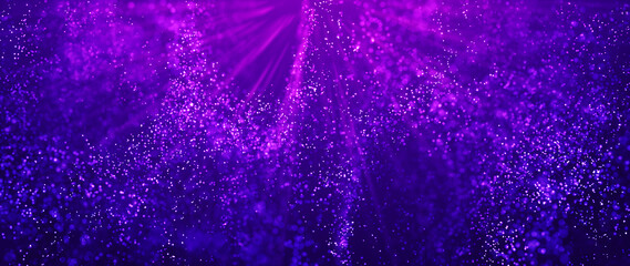 Purple particles shining star dust bokeh glitter with flare award abstract background. Futuristic glittering in space on gradient background.