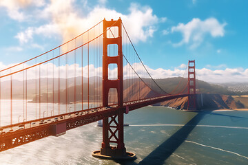 The Golden Gate pedestrian bridge over the water connects the two areas and the hills.