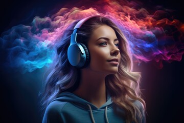 Young woman with headphones, sound waves materializing around her - Sonic Aura - AI Generated