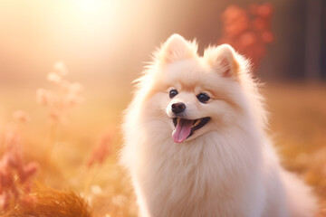 Obraz premium Spitz dog on a natural background. Dog on a walk in the park