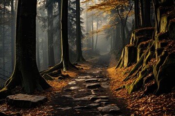 A misty forest with autumn leaves on the ground, creating a natural pathway - Foggy Fall - AI Generated