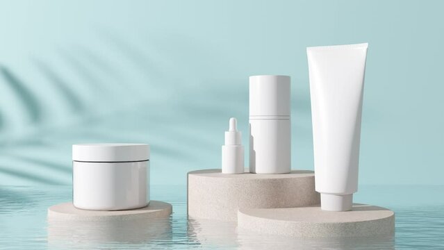 Group of white and blank, unbranded cosmetic cream jars, tubes standing in flowing water, blue background. Skin care product presentation. Elegant mockup. Jar, tube with copy space. 3D animation.