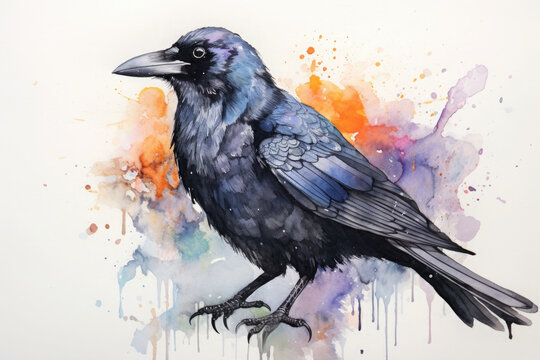 Detailed watercolor illustration of a crow on a white background.
