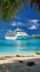 Passenger cruise ship near tropical paradise island, sea cruise vacation - obrazy, fototapety, plakaty