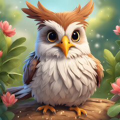 Cute little long eared owl cartoon , 3d render potrait