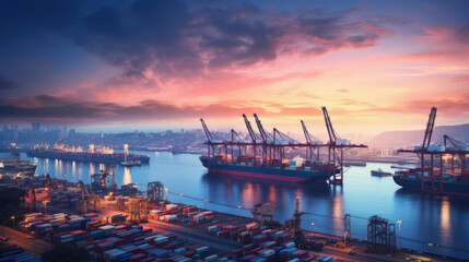 cargo ships on a port at a dramatic sunrise in the morning. - obrazy, fototapety, plakaty